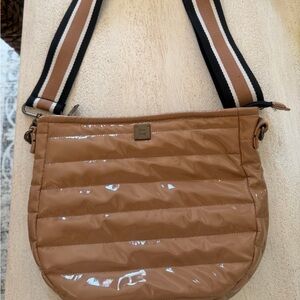 THINK ROYLN Glossy Brown Crossbody Bag with Striped Strap
